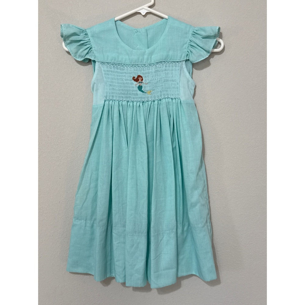 Handmade Smocked Mermaid Dress Girls Size 8 Aqua Gingham Ruffle Sleeve
